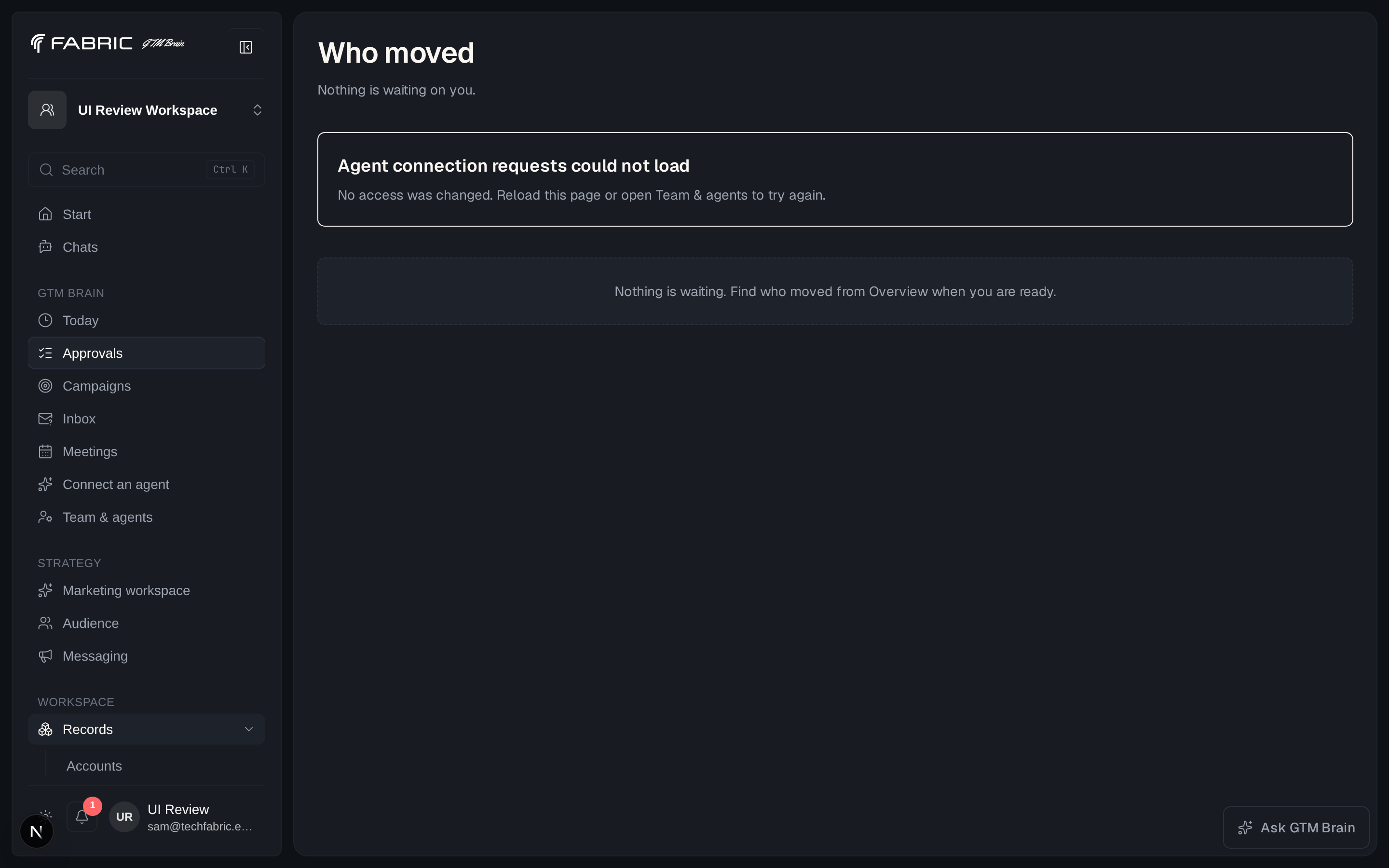 The Approvals queue, empty until a campaign pass produces drafts