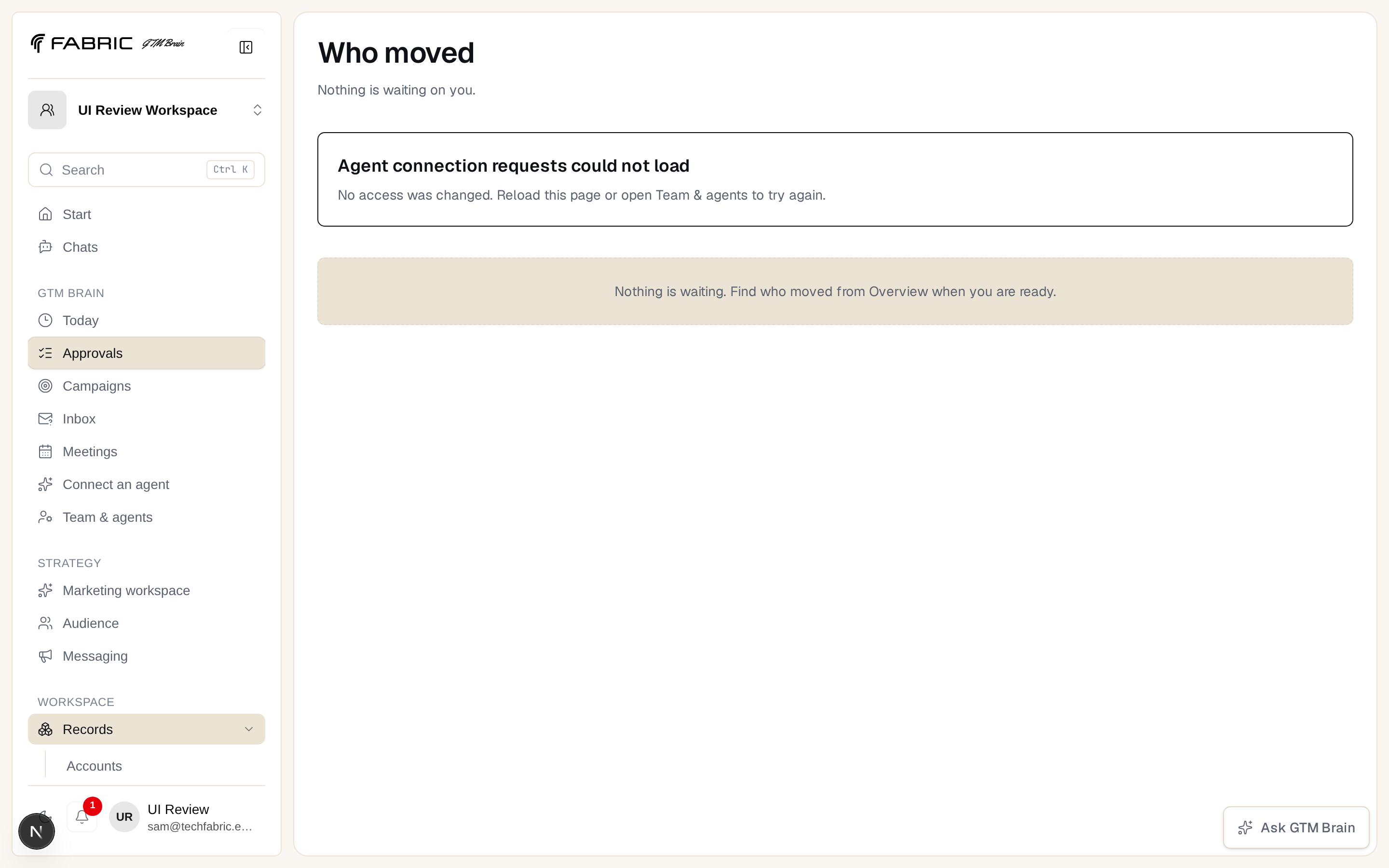 The Approvals queue, empty until a campaign pass produces drafts